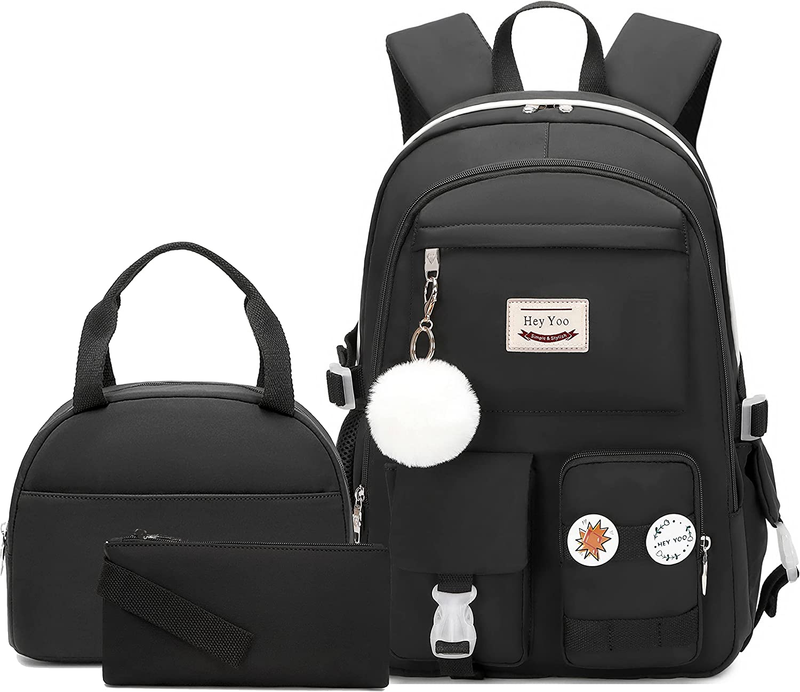 School Backpack for Girls Backpack with Lunch Box Teen Girl Backpack Set Black