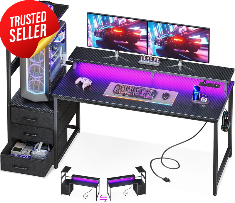 Gaming Desk 59" LED Lights Power Outlet Carbon