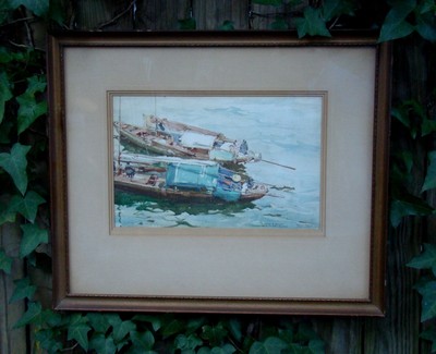 Original DONALD TEAGUE Hong Kong Boats in Harbor WATERCOLOR 1936 INSCRIPTION