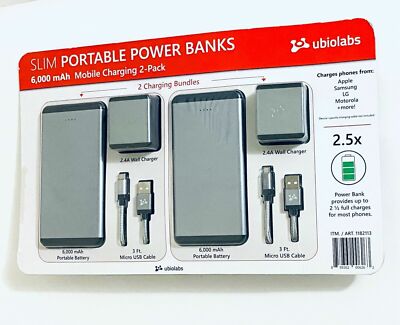 Ubiolabs 6000 mAh Slim Portable Power Banks   Mobile Charging 2 Pack