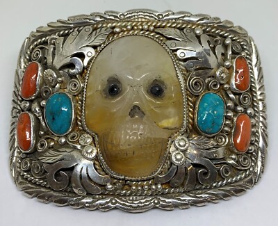 Francisco Gomez Biker Jewelry Sterling 925 Silver Carved SKULL Belt Buckle WHOA!