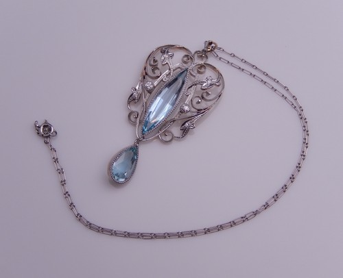 Art Nouveau Antique Platinum Over Gold Diamond & Aquamarine Lavalier Necklace
