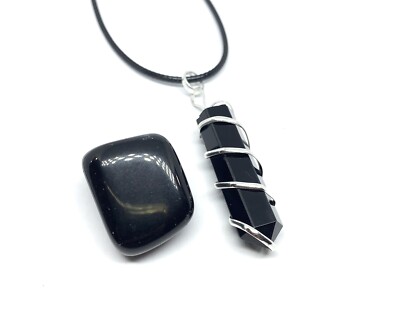 Black Obsidian Genuine Stone Wire Wrapped Necklace & Selenite Stick Set