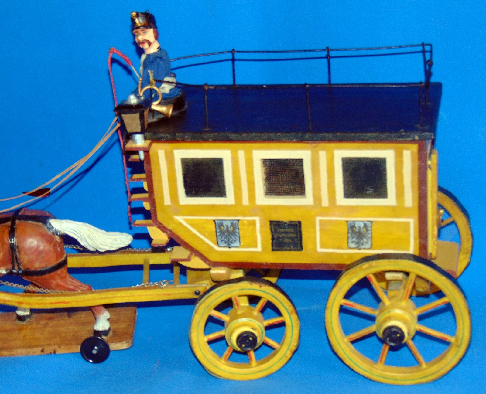 magnificent rare antique German  wood stagecoach w. coachman & horse  pull toy