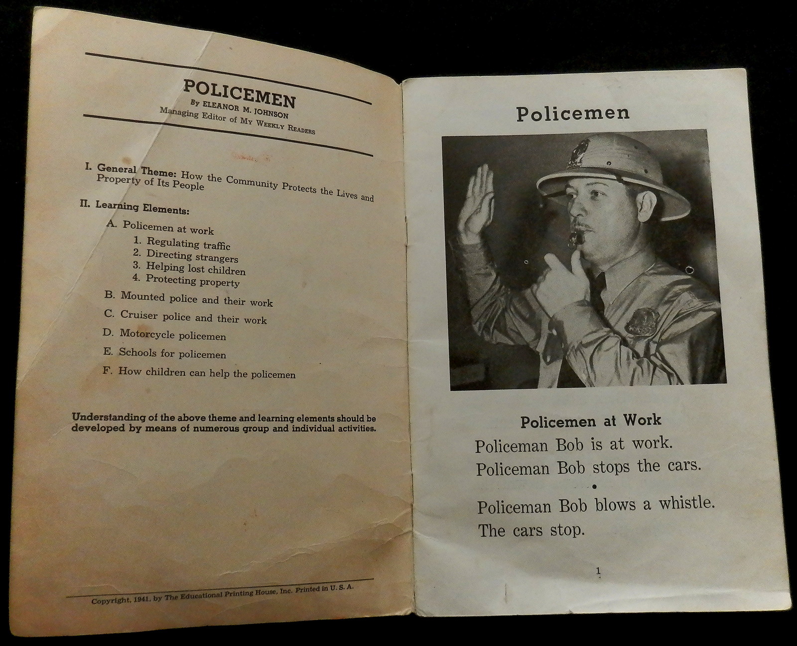 POLICEMEN by ELEANOR M JOHNSON (1941) Unit Study Book # 102 Actual Photos