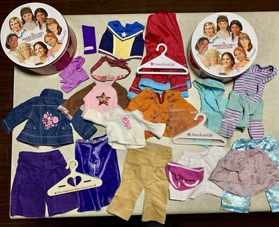 american girl doll clothes lot with hangers and cookie tins Vintage