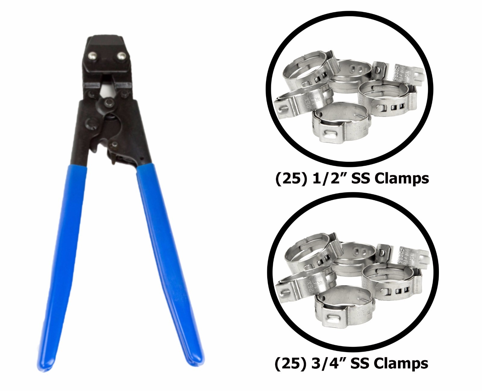 PEX CINCH Crimping Tool Crimper w/ (25)1/2" and (25) 3/4" Stainless