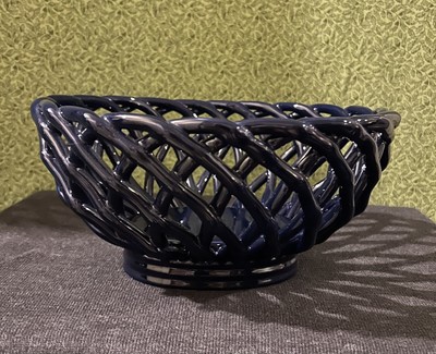 Ceramic Blue Open Woven Lattice Fruit Bowl Bread Basket 10 X 5 Oval Braided