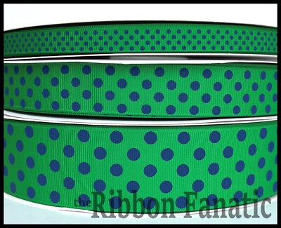 3yds Emerald Green w/ Navy Blue Polka Dots  3/8''  7/8'' or 1.5'' Grosgrain Ribbon