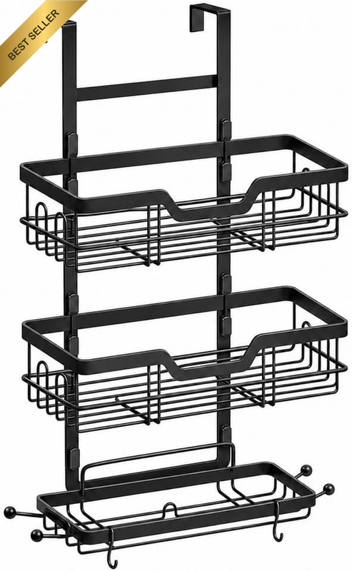 Over the Door Shower Caddy, 3 Tier, Black, Rustproof, Hanging Bathroom Storage S