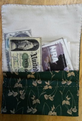 Civil War TOBACCO Fabric Wallet GREEN GOLD FLORAL Handsewn Civilian Soldier
