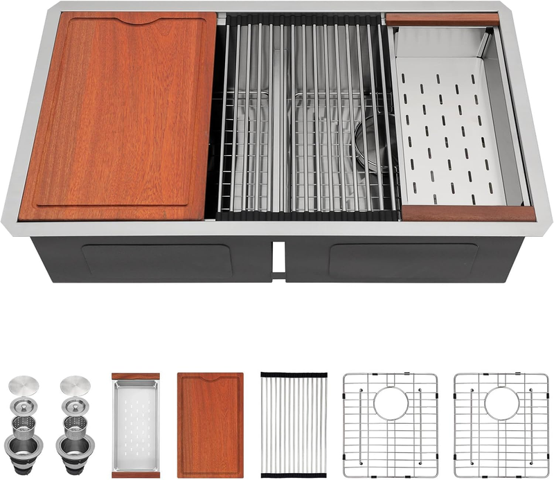 33X19 Inch Double Bowl Undermount Kitchen Sink 50/50 16 Gauge 304 Stainless Steel Deep Workstation Basin Modern under Counter