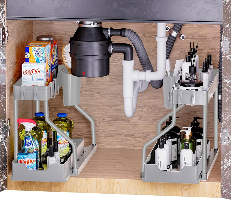 2 Pack under Sink Organizer, 2-Tier L-Shape Sliding under Sink Organizers and St