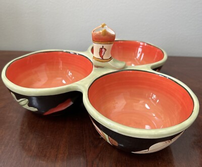 Clay Art Southwest Design Salsa Condiments 3 ServerBowls Boot Toothpick Hold NEW