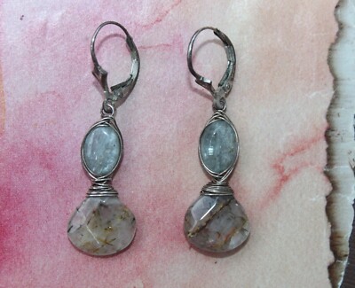Kyanite Golden Rutile Sterling Silver Wire Wrap Dangle Earrings Handcrafted