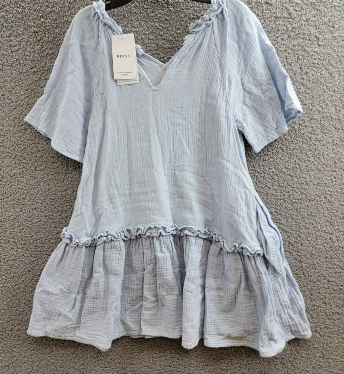 Reiss Blue Millie Seersucker Ruffle Dress Girls' 8-9Y Light Blue Button Back S/S - Picture 10 of 16