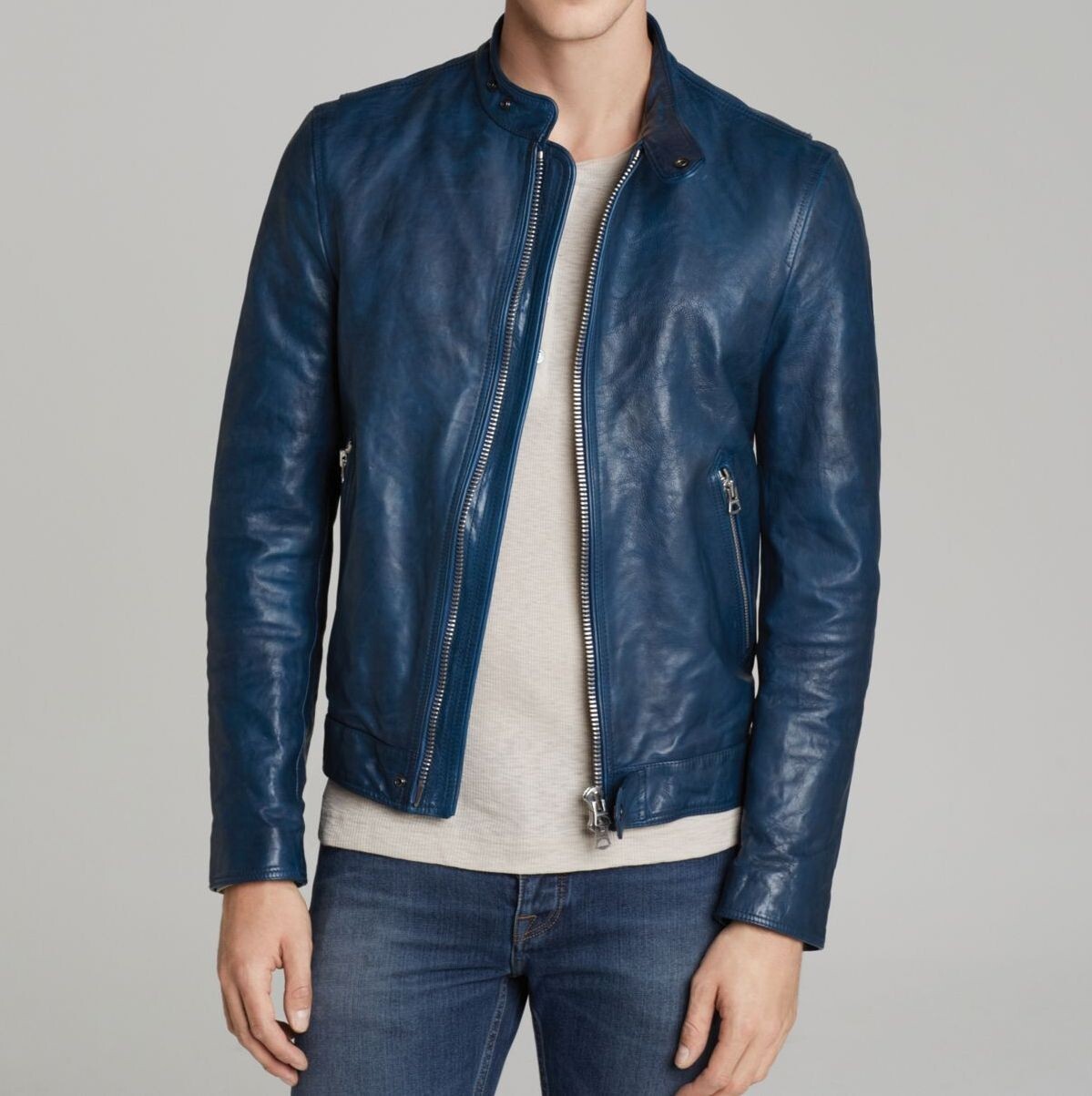 ジャケット・アウター Vintage real leather jacket sheep AS37 Men's Black Blue Genuine Sheepskin Shirt Collar Quilted Zip