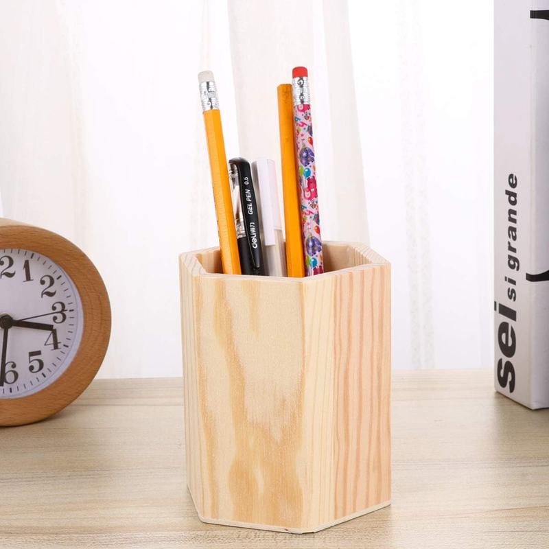 2 Pcs Unfinished Wood Pen Pencil Holder Container Stationery Case Office Desktop