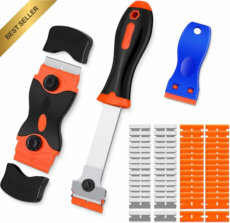 3 Pack Razor Blade Scraper Tool Set with 80 Plastic & Metal Blades, Cleaning Scr