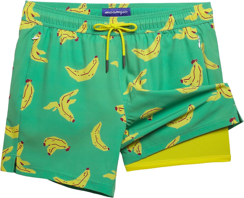 Mens Swim Trunks with Compression Liner 5 Inch with Zipper Poc...