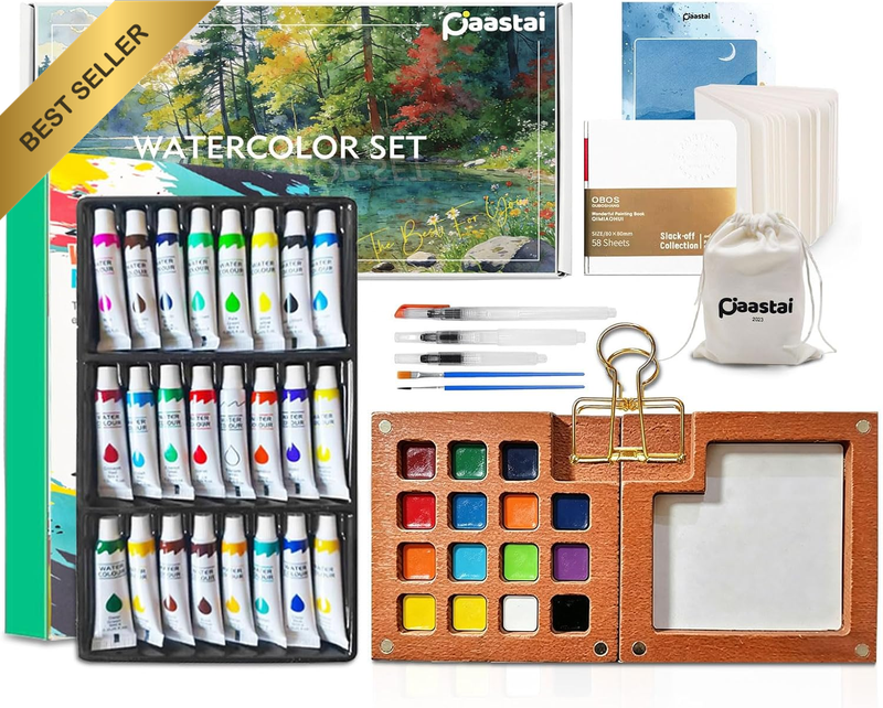 Paastai Mini Watercolor Paint Set—24-Color Portable Watercolor Kit Containing Pa
