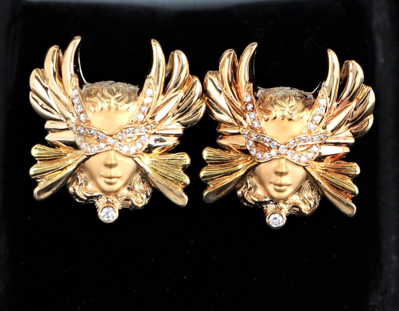$11800 Rare Carrera Y Carrera 18k Yellow Gold Diamond Mask Of An Angel Earrings
