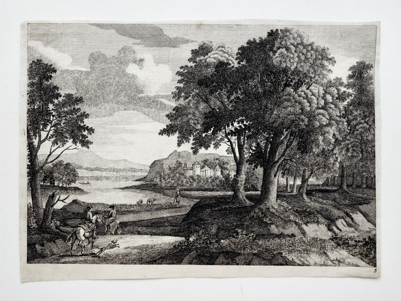 Estampe Anonyme Du Xviie, Paysage VallonnÃ©, Arbres Et Lac, Cavaliers