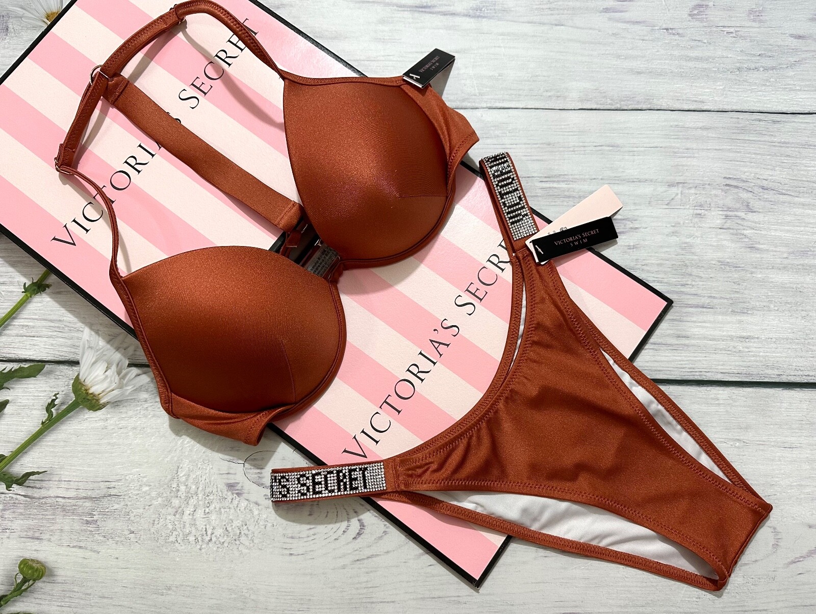 

Victorias Secret Shine Strap Push Up Top Бразильский купальник для плавания Рыжий, Ginger