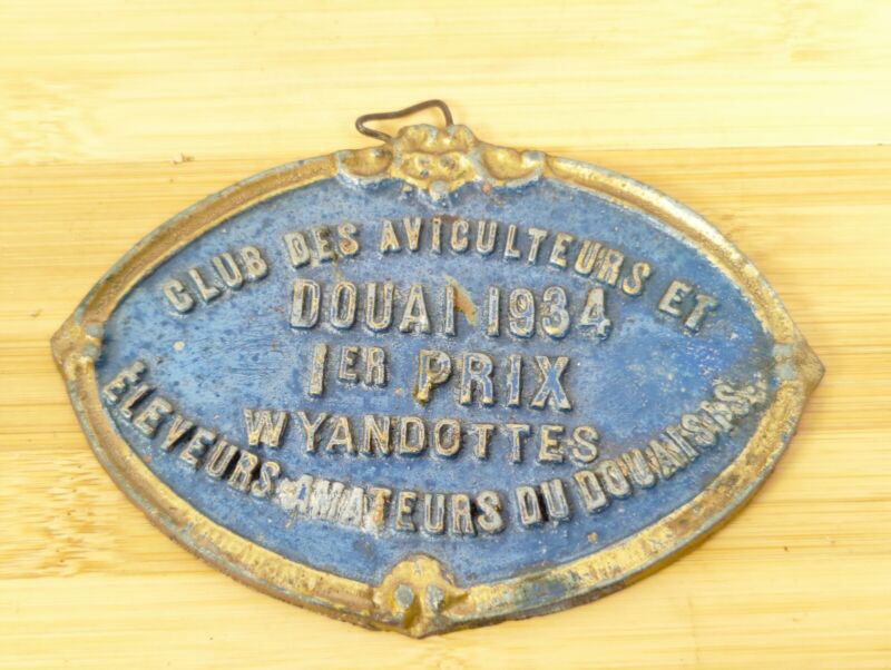 Vintage French Aviculteurs 1er Prix Plaque Metal Trophy 1934 WYandottes Sign