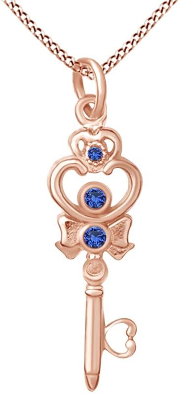 Round Simulated Diamond Blue-sapphire Key Pendant Necklace14k Gold Plated Silver