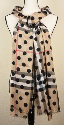 NEW BURBERRY CAMEL BLACK Spot Wool Silk Plaid Check Scarf /Shawl 100% Authentic