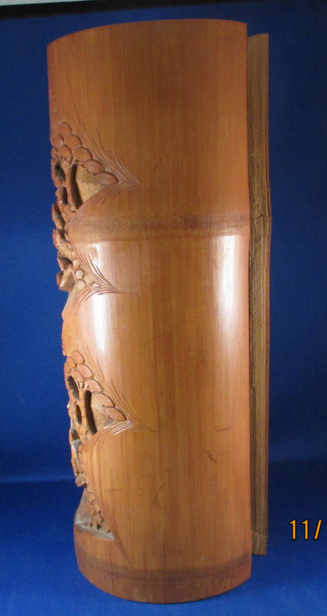 Old Chinese Bamboo Hand Carved Brush Pot High Relief Boat Men - 13 Inches Tall