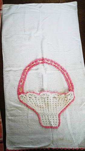 Vintage Terry Cloth Bath Towels with Crocheted Basket Pockets