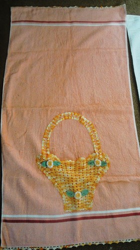 Vintage Terry Cloth Bath Towels with Crocheted Basket Pockets
