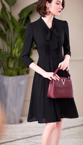 Pre-owned Handmade Custom Made To Order 3/4 Sleeve Tie-neck A-line Chiffon Dress Plus1x-10xy712 In Black