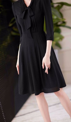 Pre-owned Handmade Custom Made To Order 3/4 Sleeve Tie-neck A-line Chiffon Dress Plus1x-10xy712 In Black