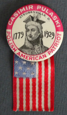 Antique CASIMIR PULASKI Pinback Button POLISH AMERICAN PATRIOT / US FLAG Ribbon
