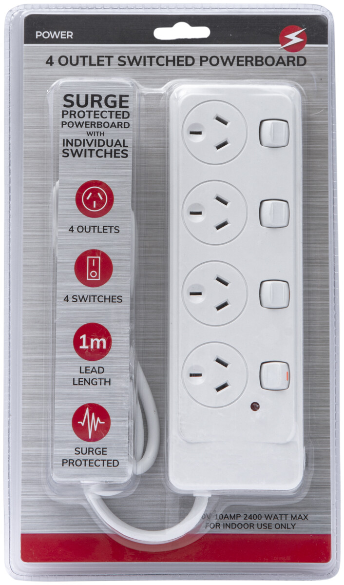 4 Way Outlet SURGE PROTECTOR Power Board w/ INDIVIDUAL SWITCHES 1 METER