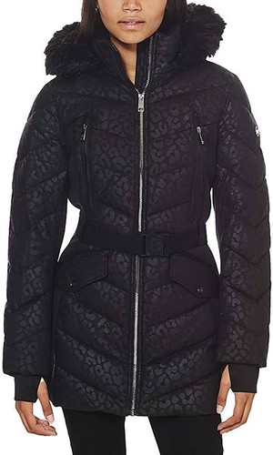 Pre-owned Michael Kors Michael  Women Logo Leopard Belted Hooded Down Puffer Coat Black