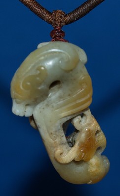 24 Carved White Jade Stone Pendant of Mythical Kylin with Silver Tone Chain