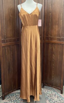 Women's Birdy Jay Strappy Tank Copper Satin Dress Maxi Gown - Sz S NWT