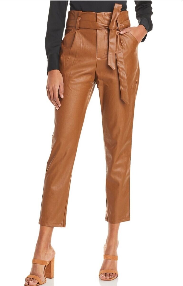 Lucy Paris Faux Leather Paperbag-Waist Pants Women's M Cognac Zip Front Closure - Picture 1 of 18