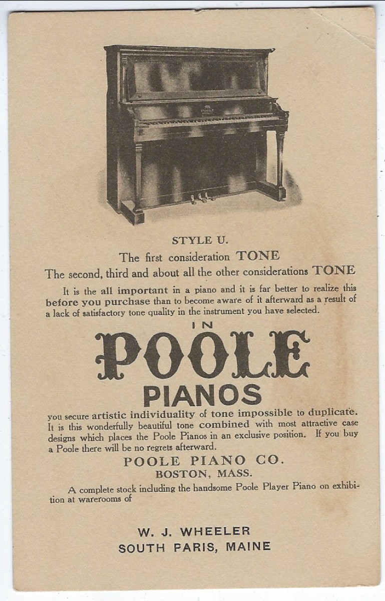 Trade Card of Poole Pianos, Illustration by R. Ford Harper, Ad on Reverse c1890s