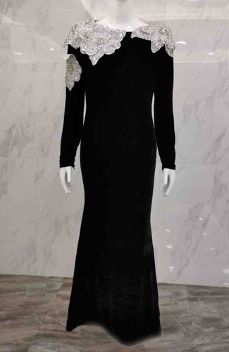 Pre-owned Handmade Custom Made To Order Crew Neck Velvet Asymmetry Beaded Ball Gown Plus1x-10x L893 In Black