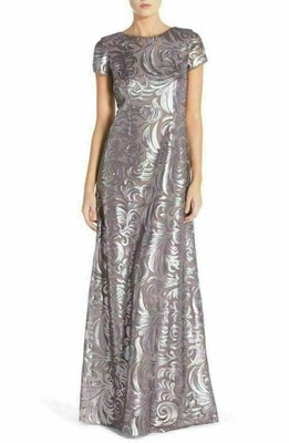 Donna Morgan 'Simone' Cap Sleeve Sequin Swirl A-Line Gown Sz 4 Grey Ridge