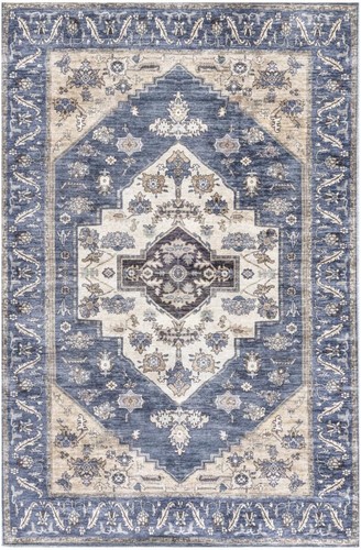 4 X 6 Синих и бежевых ковриков Oriental Power Loom, которые легко стираются и не скользят.