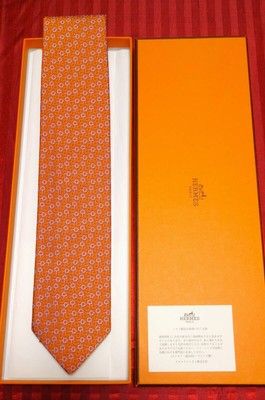 HERMES Tie Gift Ok Harness Pattern Orange Gris