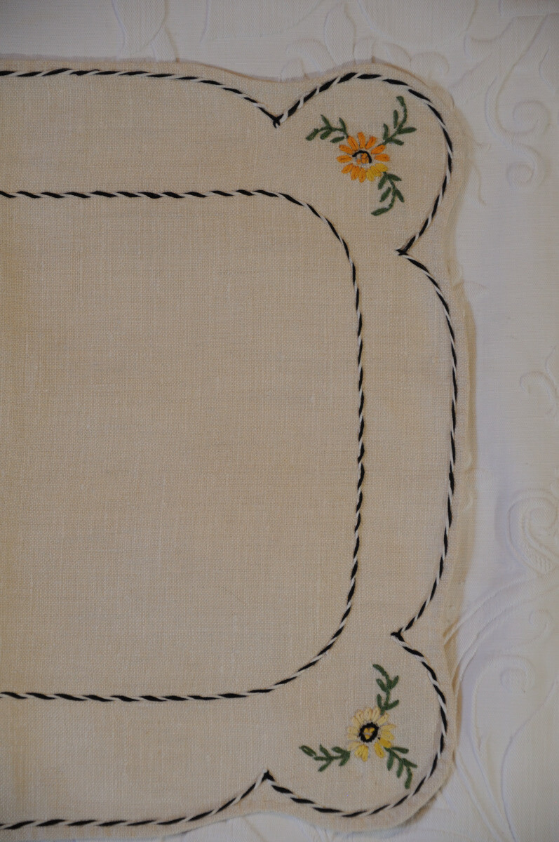 Vintage Linen Table Runner Hand Embroidered Flower Basket