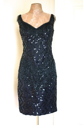 Womens 80s Vtg Beaded Fringe Sequin  Party Cocktail Wiggle Dress S