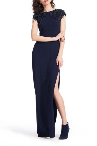 Pre-owned Emily Shalant Crew Neck Short Beaded Fringed Sleeves Back Zipper Side Open Slit In Navy